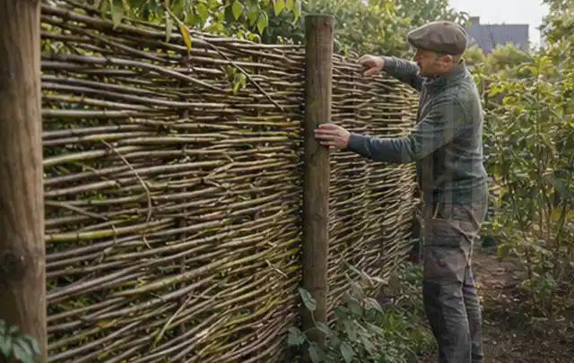 Person befestigt geflochtene Weidenruten an stabilen Holzpfosten im Garten; Thema Kleingarten, Schwerpunkt Praxisbeispiele; Ausgangslage.