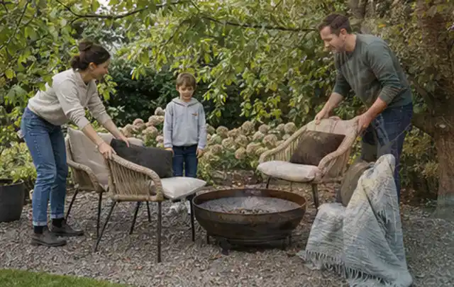 Familie stellt wetterfeste Sessel an einem geschützten Sitzplatz im Garten auf; Thema Kleingarten, Schwerpunkt Praxisbeispiele; Umsetzung.