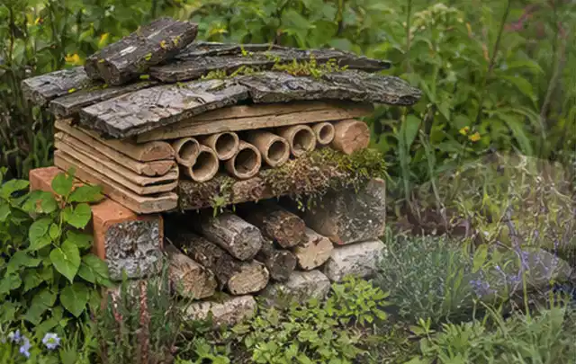Naturnaher Unterschlupf aus Holz Rinde und Pflanzenstängeln im Garten; Thema Kleingarten, Schwerpunkt Praxisbeispiele; Kontrolle.