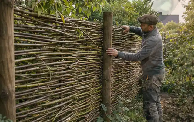 Person befestigt geflochtene Weidenruten an stabilen Holzpfosten im Garten; Thema Kleingarten, Schwerpunkt Wegeführung; Kontrolle.