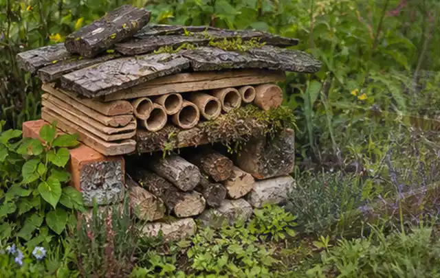 Naturnaher Unterschlupf aus Holz Rinde und Pflanzenstängeln im Garten; Thema Kleingarten, Schwerpunkt Wegeführung; Ergebnis.