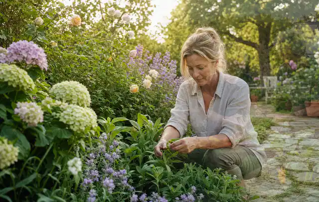 Person pflegt üppige Pflanzen in einem natürlich beleuchteten Garten; Thema Kletterpflanzen, Schwerpunkt Boden; Praxisalltag.