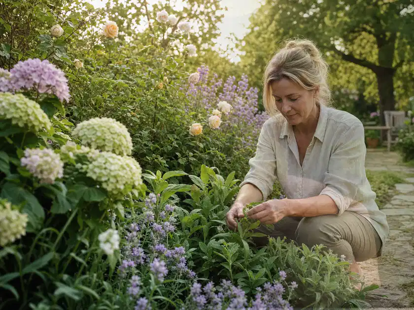 Person pflegt üppige Pflanzen in einem natürlich beleuchteten Garten; Thema Kletterpflanzen, Schwerpunkt Düngung; Titelbild.