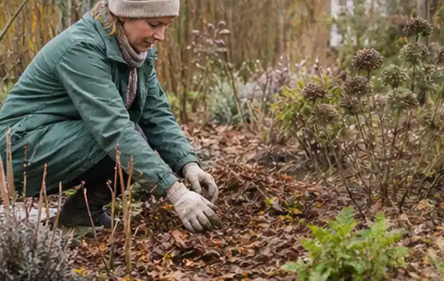 Person verteilt eine schützende Mulchschicht zwischen winterlichen Stauden; Thema Kletterpflanzen, Schwerpunkt Düngung; Kontrolle.