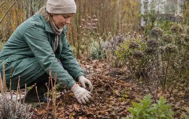 Person verteilt eine schützende Mulchschicht zwischen winterlichen Stauden; Thema Kletterpflanzen, Schwerpunkt Gartenpraxis; Kontrolle.