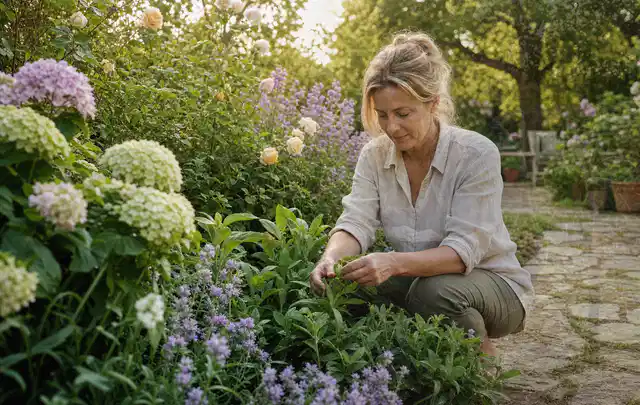 Person pflegt üppige Pflanzen in einem natürlich beleuchteten Garten; Thema Kletterpflanzen, Schwerpunkt Gartenpraxis; Ergebnis.