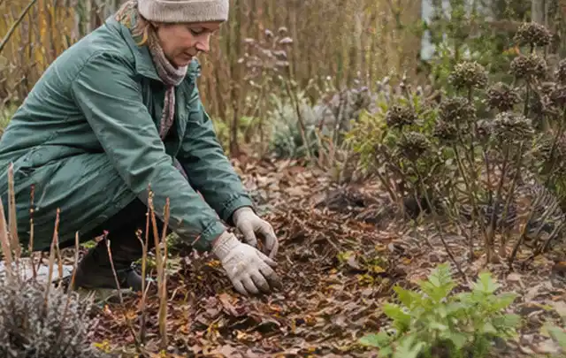 Person verteilt eine schützende Mulchschicht zwischen winterlichen Stauden; Thema Kletterpflanzen, Schwerpunkt Jahrespflege; Kontrolle.