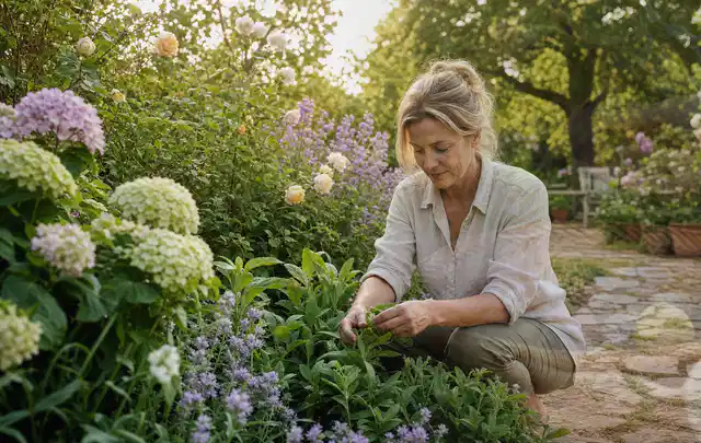 Person pflegt üppige Pflanzen in einem natürlich beleuchteten Garten; Thema Kletterpflanzen, Schwerpunkt Jahrespflege; Praxisalltag.
