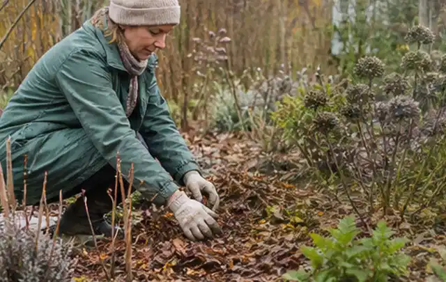 Person verteilt eine schützende Mulchschicht zwischen winterlichen Stauden; Thema Kletterpflanzen, Schwerpunkt Kaufberatung; Kontrolle.