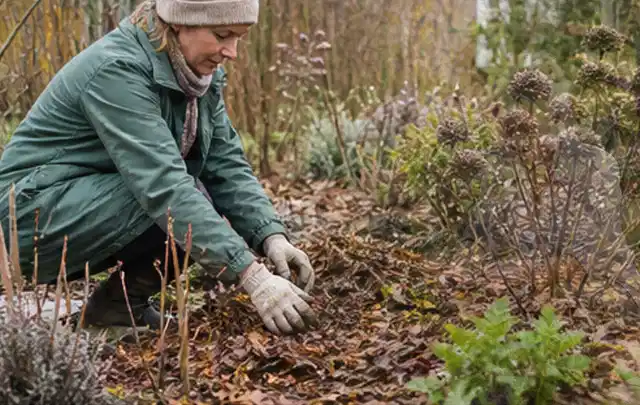 Person verteilt eine schützende Mulchschicht zwischen winterlichen Stauden; Thema Kletterpflanzen, Schwerpunkt Pflanzengesundheit; Ausgangslage.