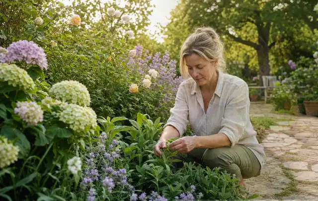 Person pflegt üppige Pflanzen in einem natürlich beleuchteten Garten; Thema Kletterpflanzen, Schwerpunkt Pflanzenschutz; Ergebnis.