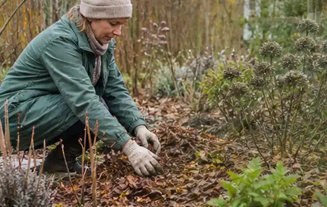 Person verteilt eine schützende Mulchschicht zwischen winterlichen Stauden; Thema Kletterpflanzen, Schwerpunkt Problemlösung; Ausgangslage.