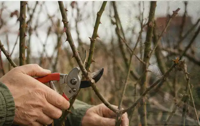 Hände schneiden einen älteren Rosenstrauch mit einer sauberen Gartenschere; Thema Kletterpflanzen, Schwerpunkt Problemlösung; Kontrolle.