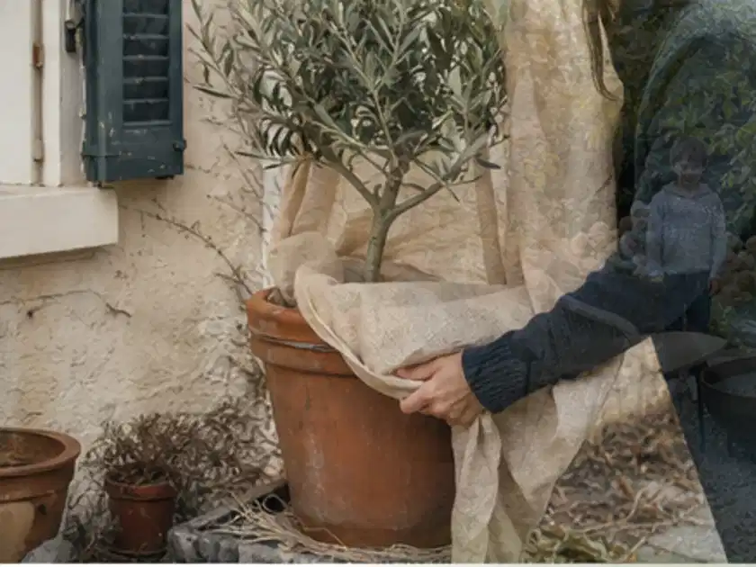 Person umhüllt eine mediterrane Kübelpflanze mit atmungsaktivem Winterschutz; Thema Kletterpflanzen, Schwerpunkt Rückschnitt; Titelbild.