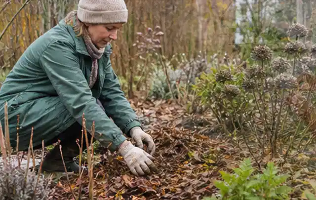 Person verteilt eine schützende Mulchschicht zwischen winterlichen Stauden; Thema Kletterpflanzen, Schwerpunkt Rückschnitt; Umsetzung.