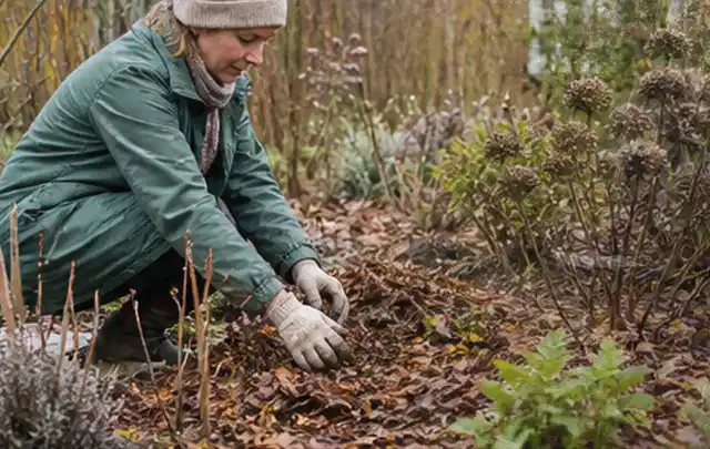 Person verteilt eine schützende Mulchschicht zwischen winterlichen Stauden; Thema Kletterpflanzen, Schwerpunkt Standort; Umsetzung.