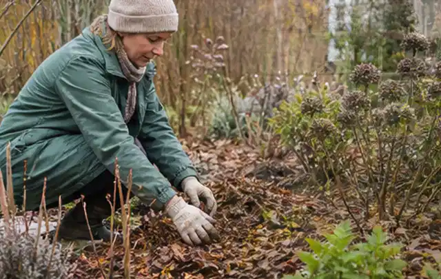 Person verteilt eine schützende Mulchschicht zwischen winterlichen Stauden; Thema Kletterpflanzen, Schwerpunkt Topfkultur; Kontrolle.