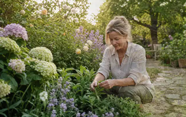 Person pflegt üppige Pflanzen in einem natürlich beleuchteten Garten; Thema Kletterpflanzen, Schwerpunkt Vermehrung; Kontrolle.