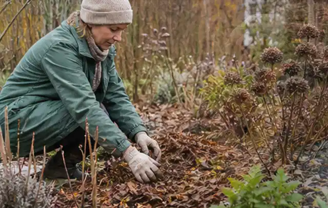 Person verteilt eine schützende Mulchschicht zwischen winterlichen Stauden; Thema Kletterpflanzen, Schwerpunkt Winterpflege; Ergebnis.