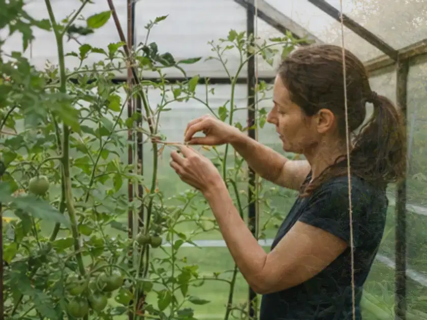 Person bindet junge Tomatentriebe in einem privaten Gewächshaus vorsichtig an; Thema Knoblauch, Schwerpunkt Anbau; Titelbild.