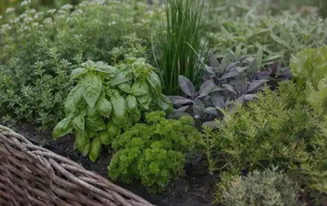 Dichtes Hochbeet mit Basilikum Schnittlauch Petersilie Salbei und weiteren Küchenkräutern; Thema Knoblauch, Schwerpunkt Anbau; Kontrolle.