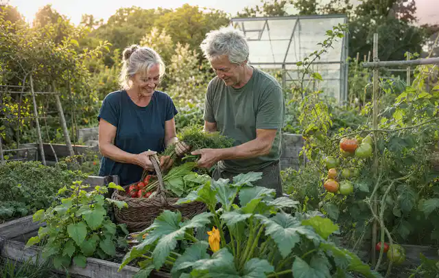 Zwei Personen ernten gemeinsam Gemüse in einem sonnigen Nutzgarten; Thema Knoblauch, Schwerpunkt Anbau; Praxisalltag.