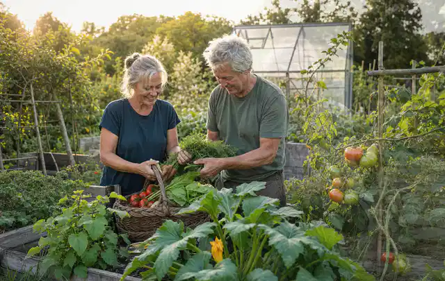 Zwei Personen ernten gemeinsam Gemüse in einem sonnigen Nutzgarten; Thema Knoblauch, Schwerpunkt Balkongarten; Umsetzung.
