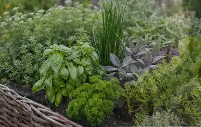 Dichtes Hochbeet mit Basilikum Schnittlauch Petersilie Salbei und weiteren Küchenkräutern; Thema Knoblauch, Schwerpunkt Balkongarten; Praxisalltag.