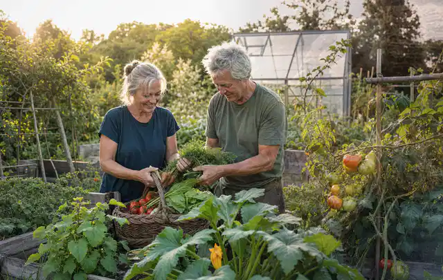 Zwei Personen ernten gemeinsam Gemüse in einem sonnigen Nutzgarten; Thema Knoblauch, Schwerpunkt Bewässerung; Kontrolle.