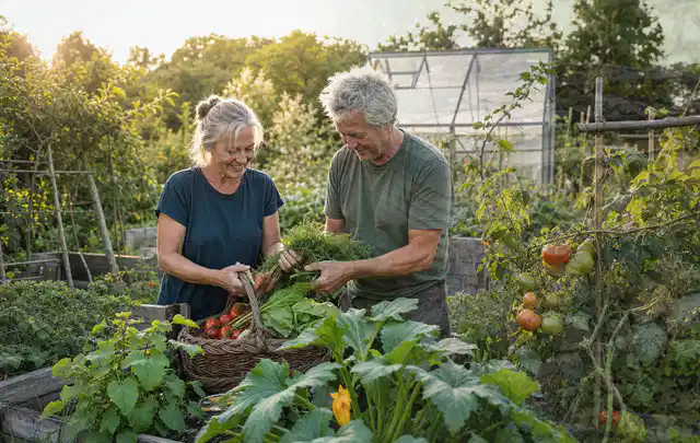 Zwei Personen ernten gemeinsam Gemüse in einem sonnigen Nutzgarten; Thema Knoblauch, Schwerpunkt Ernte; Kontrolle.