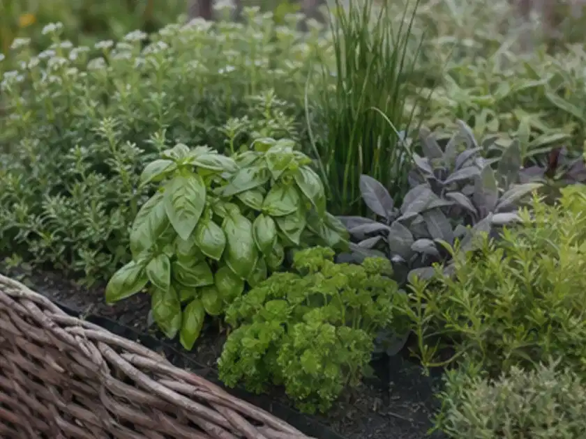 Dichtes Hochbeet mit Basilikum Schnittlauch Petersilie Salbei und weiteren Küchenkräutern; Thema Knoblauch, Schwerpunkt Ernteprobleme; Titelbild.