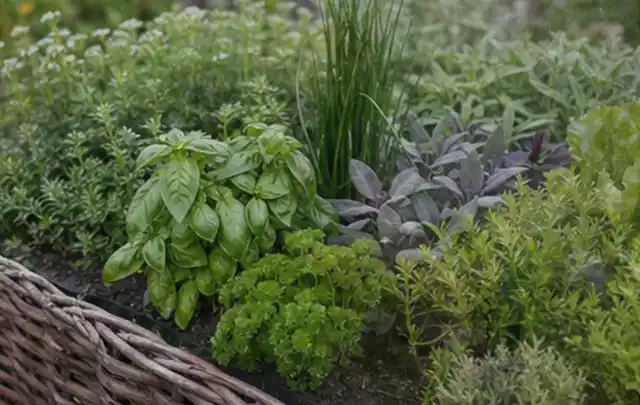 Dichtes Hochbeet mit Basilikum Schnittlauch Petersilie Salbei und weiteren Küchenkräutern; Thema Knoblauch, Schwerpunkt Fehlerhilfe; Umsetzung.