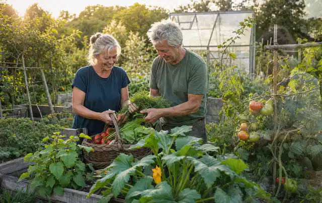 Zwei Personen ernten gemeinsam Gemüse in einem sonnigen Nutzgarten; Thema Knoblauch, Schwerpunkt Gemüse; Umsetzung.