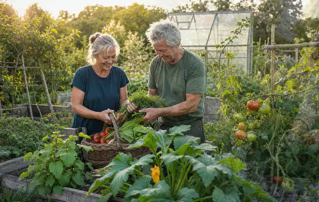 Zwei Personen ernten gemeinsam Gemüse in einem sonnigen Nutzgarten; Thema Knoblauch, Schwerpunkt Gesundheit; Ausgangslage.