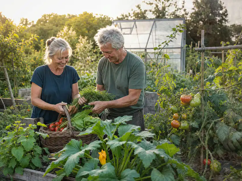 Zwei Personen ernten gemeinsam Gemüse in einem sonnigen Nutzgarten; Thema Knoblauch, Schwerpunkt Hochbeet; Titelbild.
