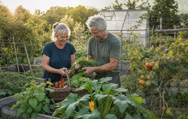 Zwei Personen ernten gemeinsam Gemüse in einem sonnigen Nutzgarten; Thema Knoblauch, Schwerpunkt Lagerung; Umsetzung.
