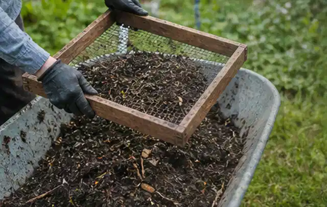 Behandschuhte Hände sieben reifen Kompost über einer Gartenschubkarre; Thema Knoblauch, Schwerpunkt Nährstoffe; Umsetzung.