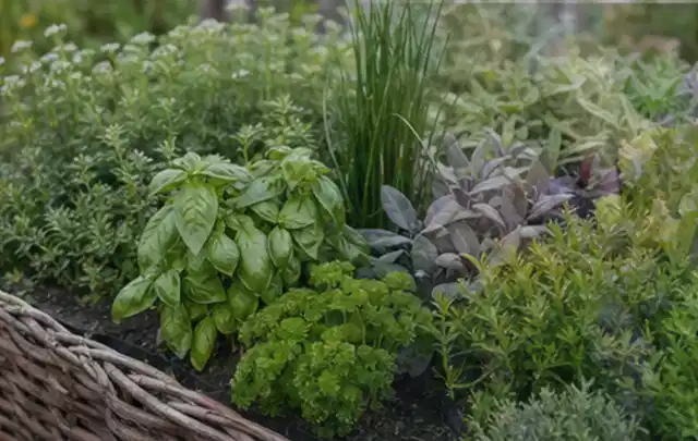 Dichtes Hochbeet mit Basilikum Schnittlauch Petersilie Salbei und weiteren Küchenkräutern; Thema Knoblauch, Schwerpunkt Pflanzenschutz; Ausgangslage.