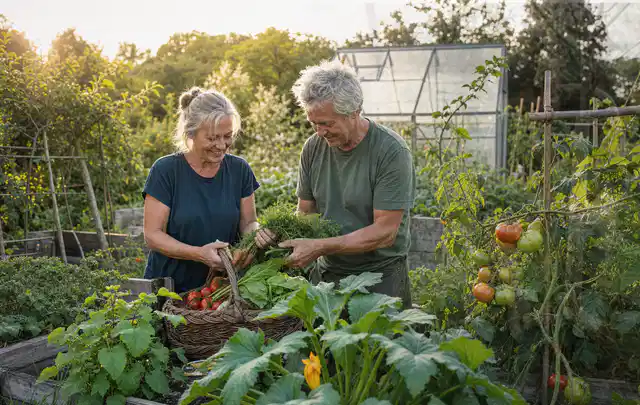 Zwei Personen ernten gemeinsam Gemüse in einem sonnigen Nutzgarten; Thema Knoblauch, Schwerpunkt Pflanzenschutz; Ergebnis.