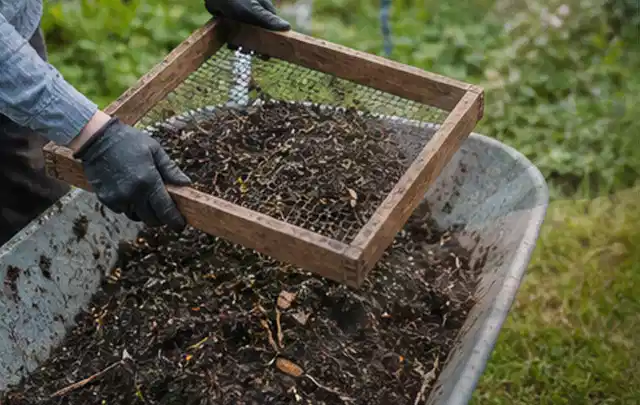 Behandschuhte Hände sieben reifen Kompost über einer Gartenschubkarre; Thema Knoblauch, Schwerpunkt Saisonkalender; Praxisalltag.
