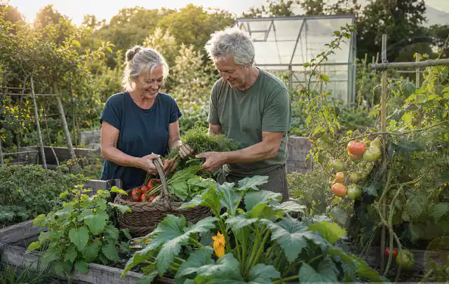 Zwei Personen ernten gemeinsam Gemüse in einem sonnigen Nutzgarten; Thema Knoblauch, Schwerpunkt Schnitt; Umsetzung.