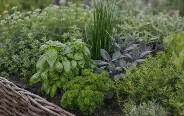 Dichtes Hochbeet mit Basilikum Schnittlauch Petersilie Salbei und weiteren Küchenkräutern; Thema Kohl, Schwerpunkt Balkongarten; Umsetzung.