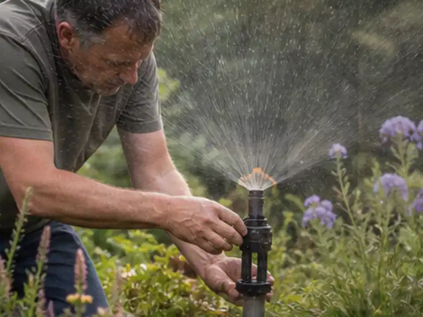 Person richtet einen laufenden Gartensprenger zwischen Stauden präzise aus; Thema Kohl, Schwerpunkt Bewässerung; Titelbild.