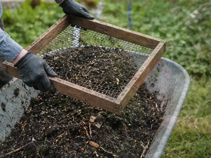 Behandschuhte Hände sieben reifen Kompost über einer Gartenschubkarre; Thema Kohl, Schwerpunkt Saisonkalender; Titelbild.