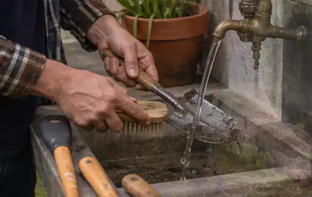 Hände reinigen gebrauchte Gartengeräte mit Bürste und Wasser am Außenbecken; Thema Komposter, Schwerpunkt Anwendung; Kontrolle.