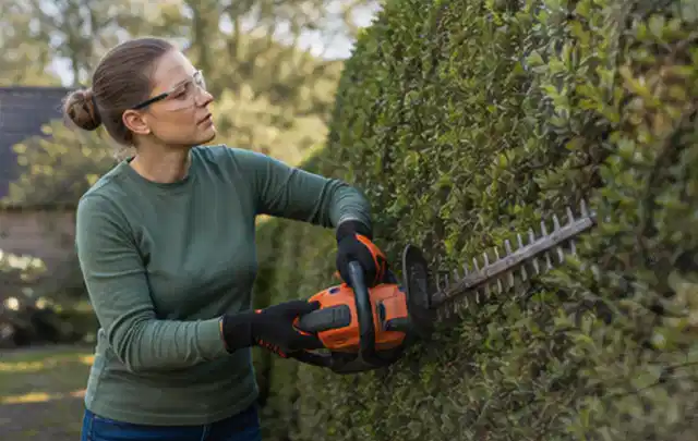 Person schneidet eine dichte Gartenhecke mit Schutzbrille und sicherem Stand; Thema Komposter, Schwerpunkt Anwendung; Ergebnis.