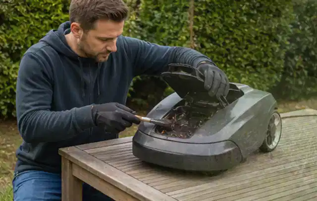 Person wartet einen geöffneten Mähroboter auf einem stabilen Gartentisch; Thema Komposter, Schwerpunkt Anwendung; Praxisalltag.