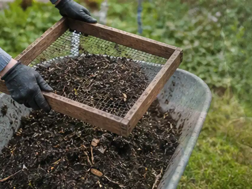 Behandschuhte Hände sieben reifen Kompost über einer Gartenschubkarre; Thema Komposter, Schwerpunkt Checkliste; Titelbild.