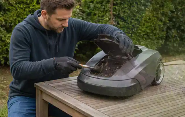 Person wartet einen geöffneten Mähroboter auf einem stabilen Gartentisch; Thema Komposter, Schwerpunkt Checkliste; Kontrolle.