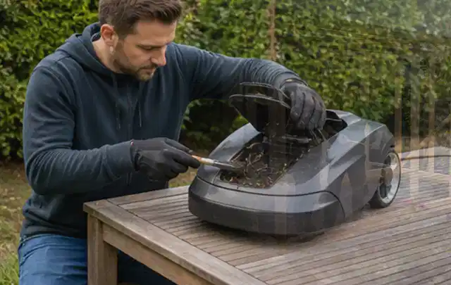 Person wartet einen geöffneten Mähroboter auf einem stabilen Gartentisch; Thema Komposter, Schwerpunkt Dimensionierung; Kontrolle.